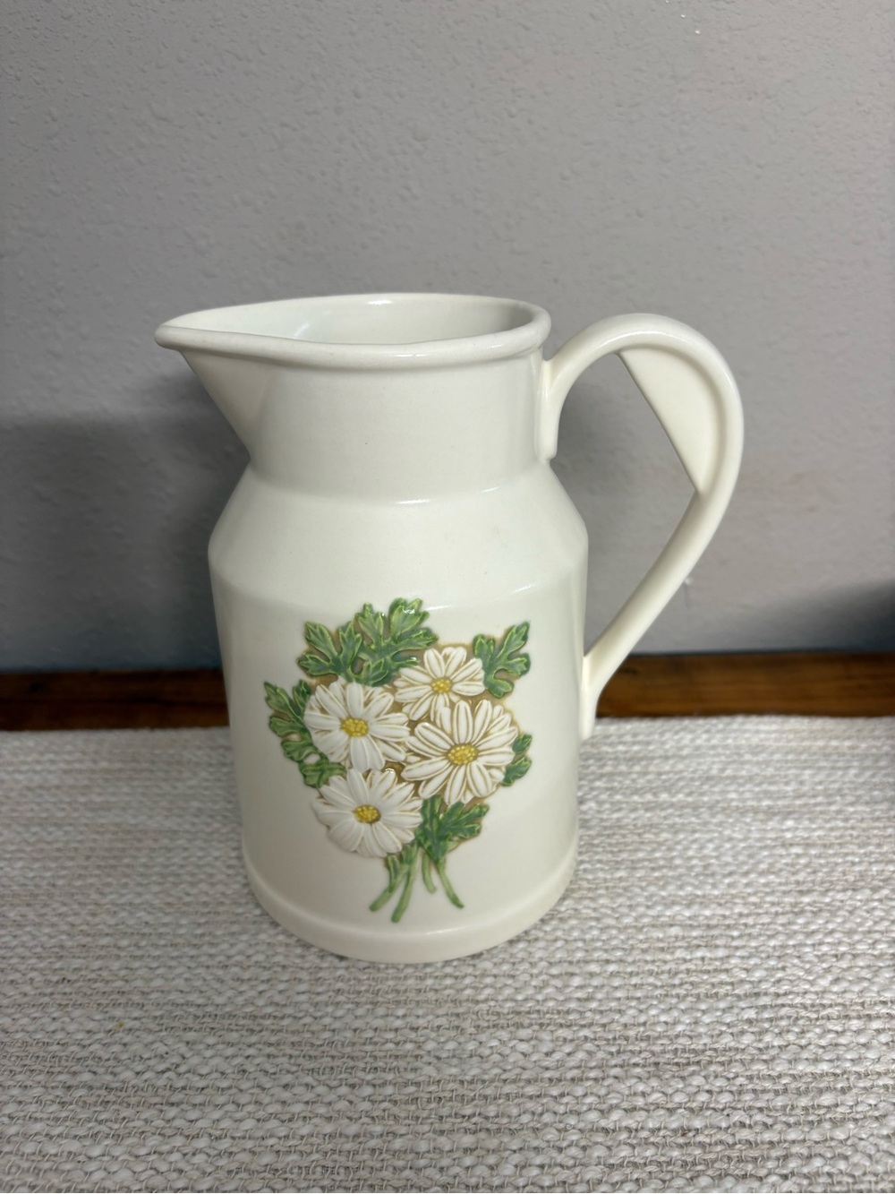 White Ceramic Floral Pitcher Vase with Green Daisy Motif
